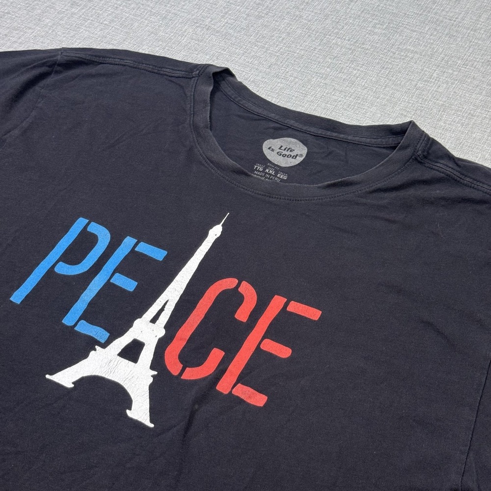 Life Is Good T-Shirt Mens 2XL Black Peace Eiffel Tower Graphic Crew Neck Cotton